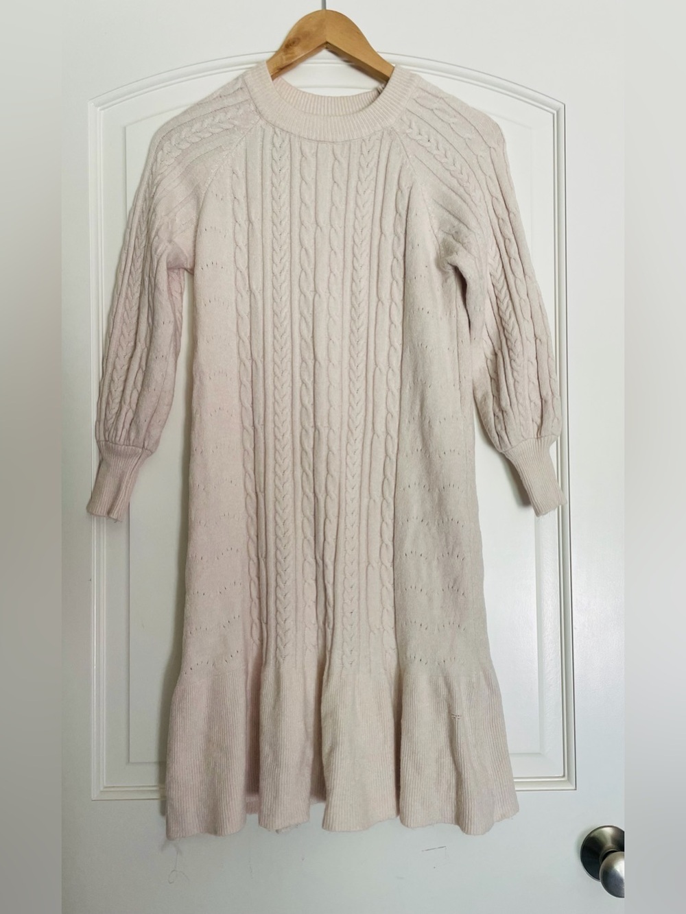 Women’s Cable-Knit Cream Sweater Midi Flowy Dress S